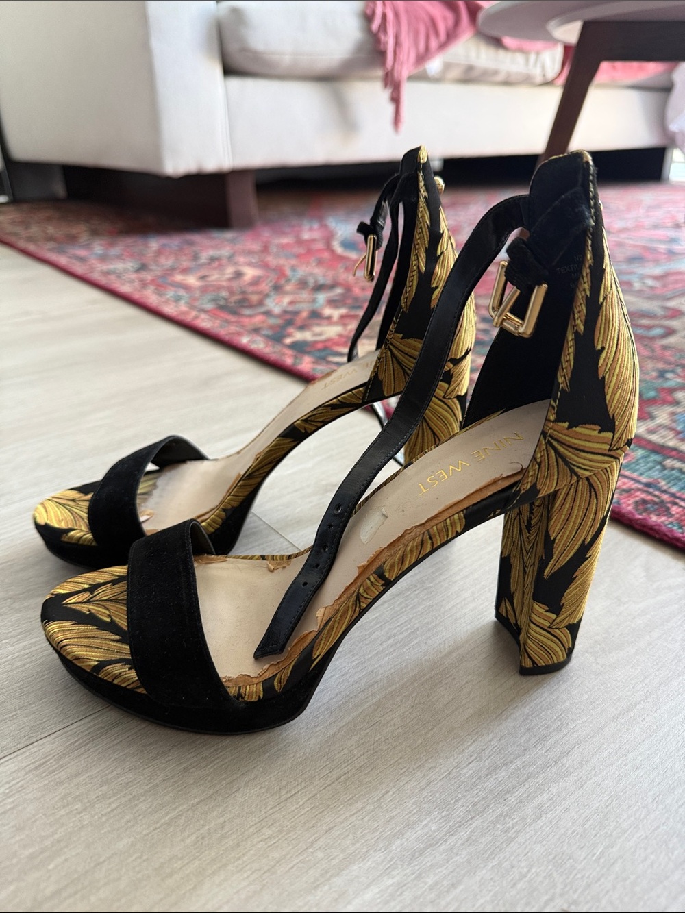 NINE WEST black and gold platforms
